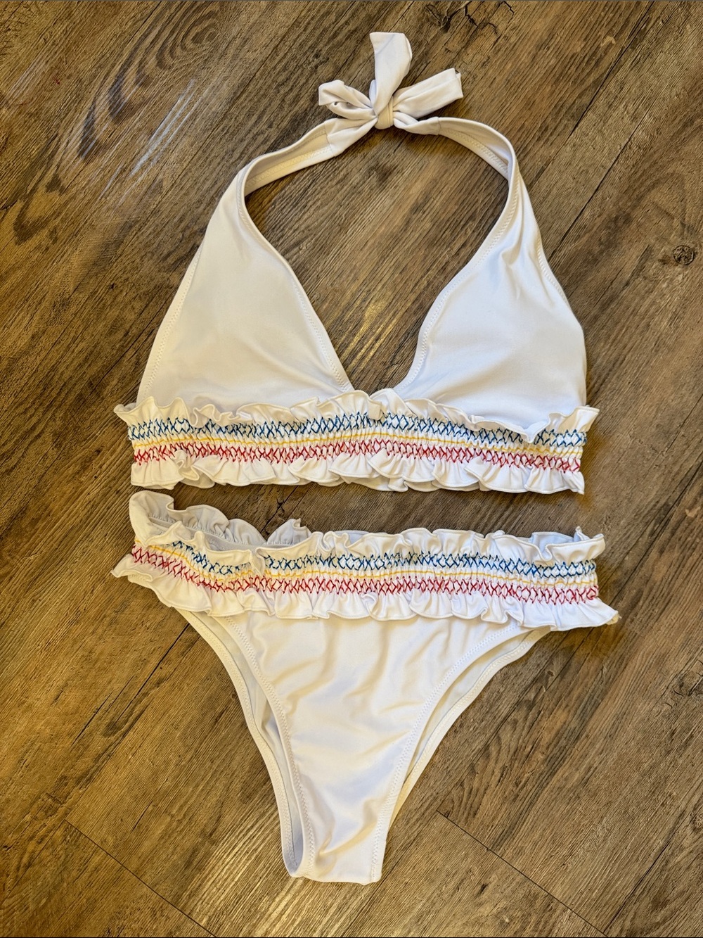 SHEIN White Halter Ruffle Smocked Bikini with Red & Blue Stitching